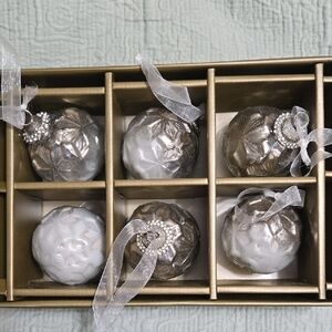 Cynthia Rowley Silver, White & Rhinestone Glass Holiday Ornaments Set of 6